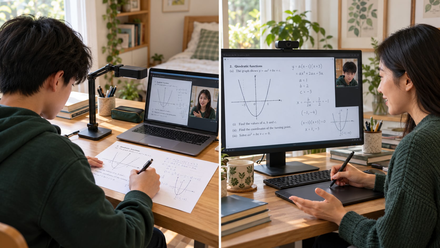 Student working on a paper worksheet while an online tutor explains using a digital pen